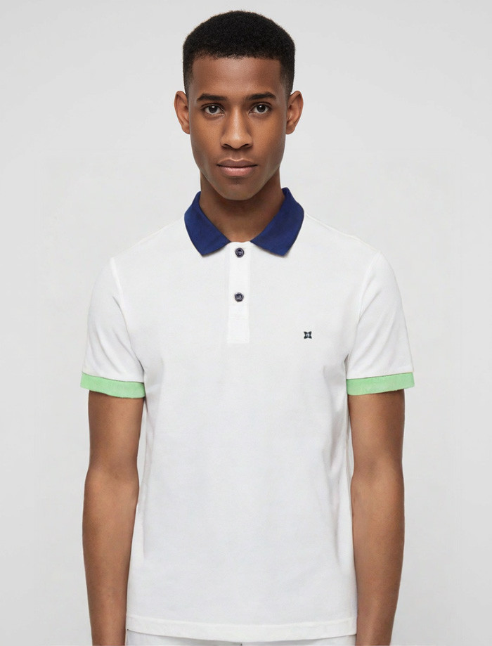 Polo manica corta cotone piquet - bianco contrasti blu/verde -FERRANTE