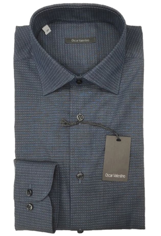 Camicia manica lunga cotone - fantasia puntini/fondo blu lavagna- OSCAR VALENTINO