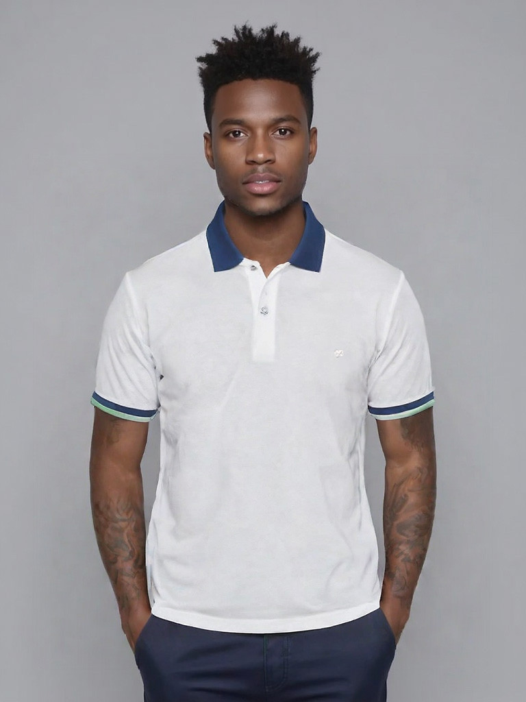 Polo manica corta cotone piquet - bianco contrasti blu/verde -FERRANTE