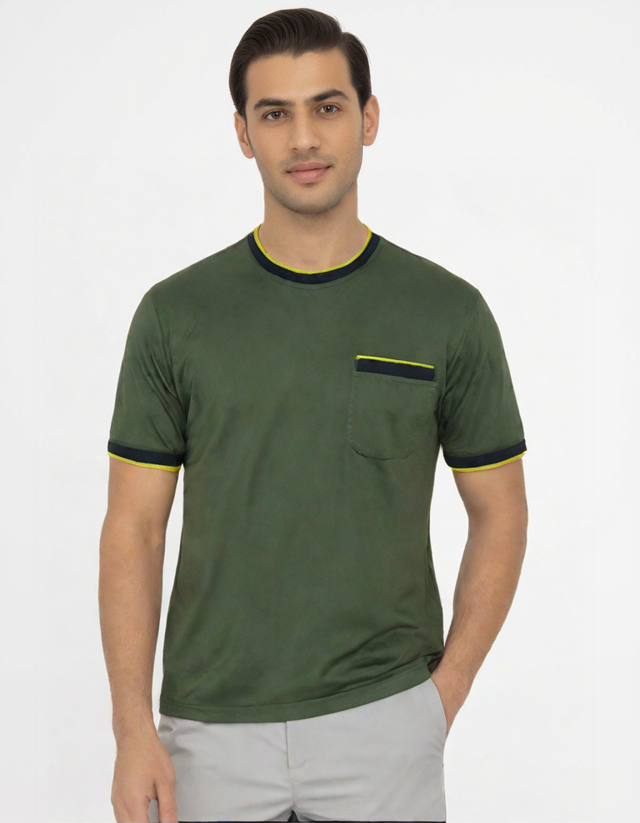 Paricollo manica corta cotone piquet - verde contrasti blu/giallo fluo-FERRANTE