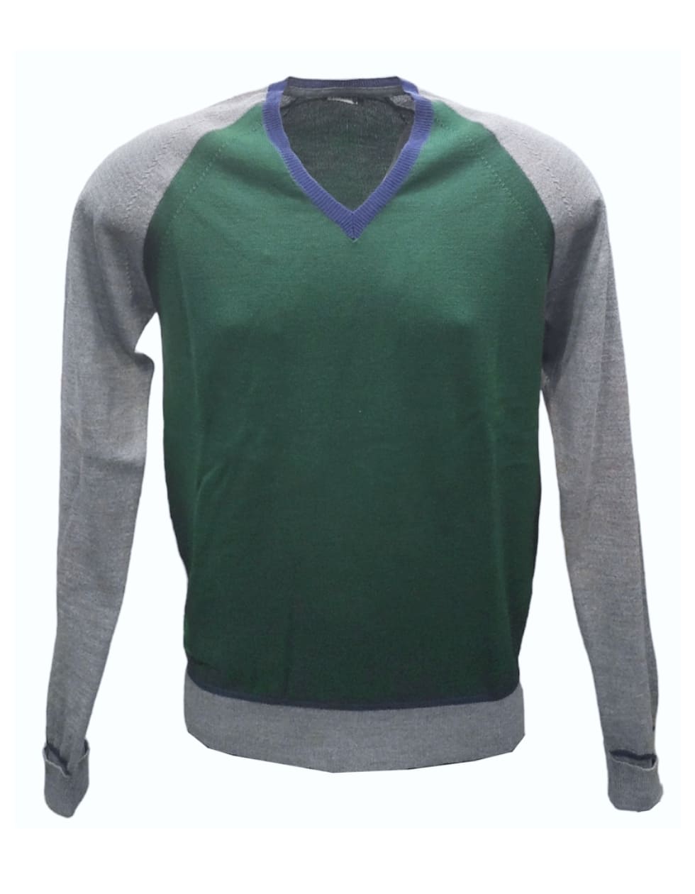 Maglione con scollo a V in lana rasata- verde e grigio - BRAMANTE
