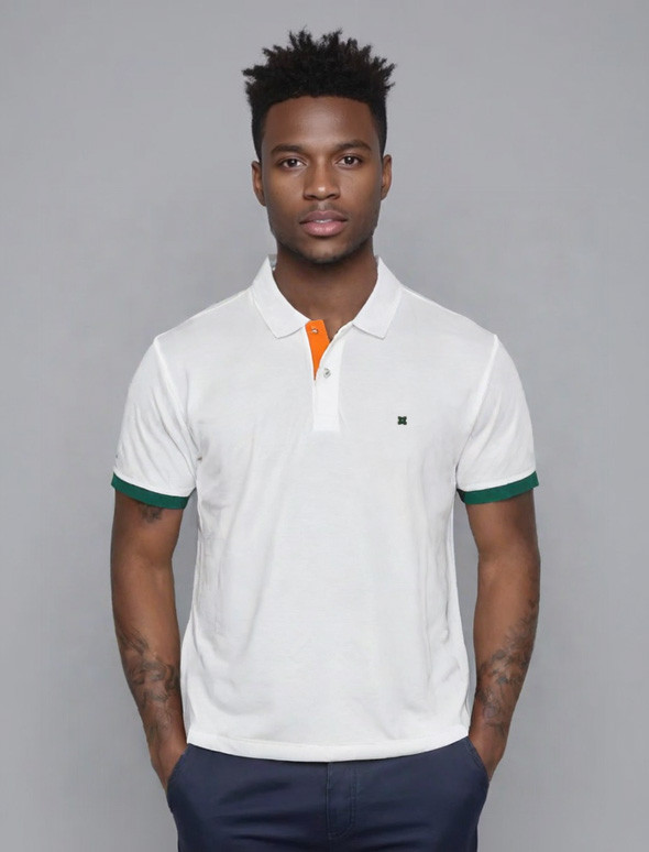 Polo manica corta cotone piquet - bianco contrasti verde/arancio-FERRANTE