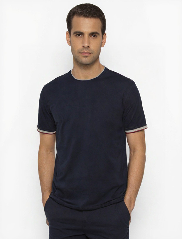Paricollo manica corta cotone piquet - blu contrasti grigio/rosso -FERRANTE