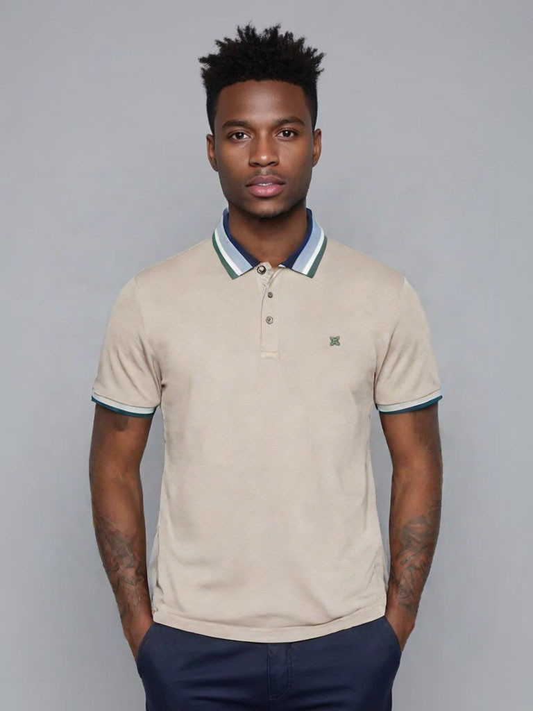 Polo manica corta cotone piquet - beige contrasti verde/grigio/bianco -FERRANTE