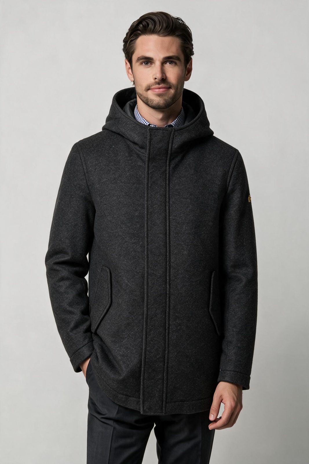 Parka uomo con cappuccio in lana cotta